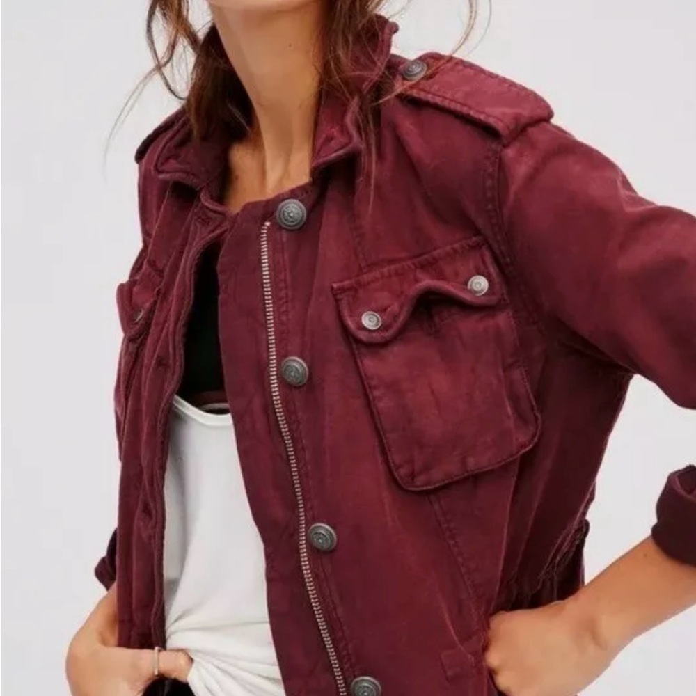 Free People Cargo Utility Jacket 100% Cotton Pockets Burgundy Size XS Oversized - Picture 4 of 7